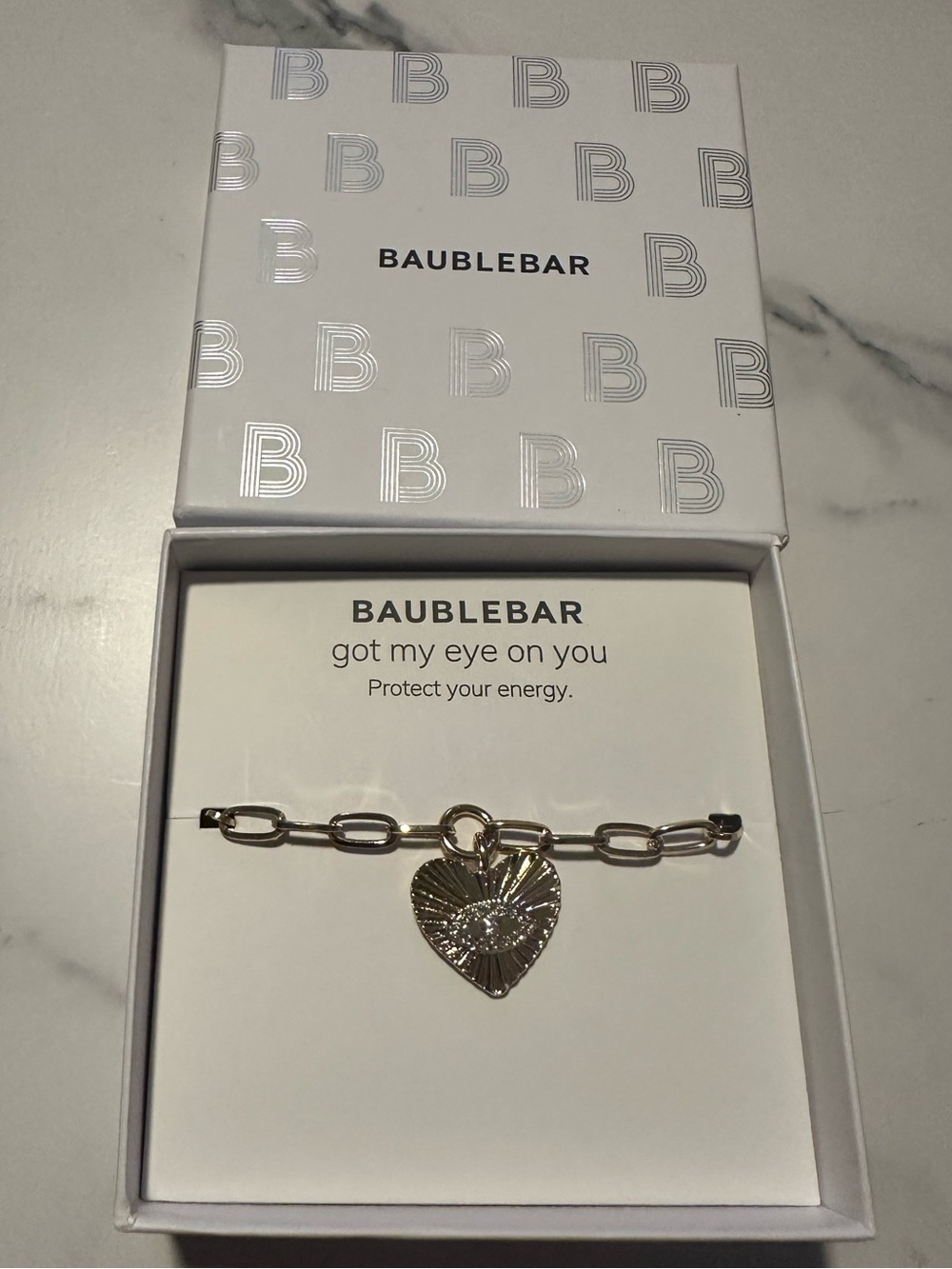 BaubleBar Gold Tone Heart Charm Chain Bracelet - Eye for Protection Charm